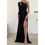 A-line One Shoulder Waist Long Sleeves Slit Prom Party Dress Open Back