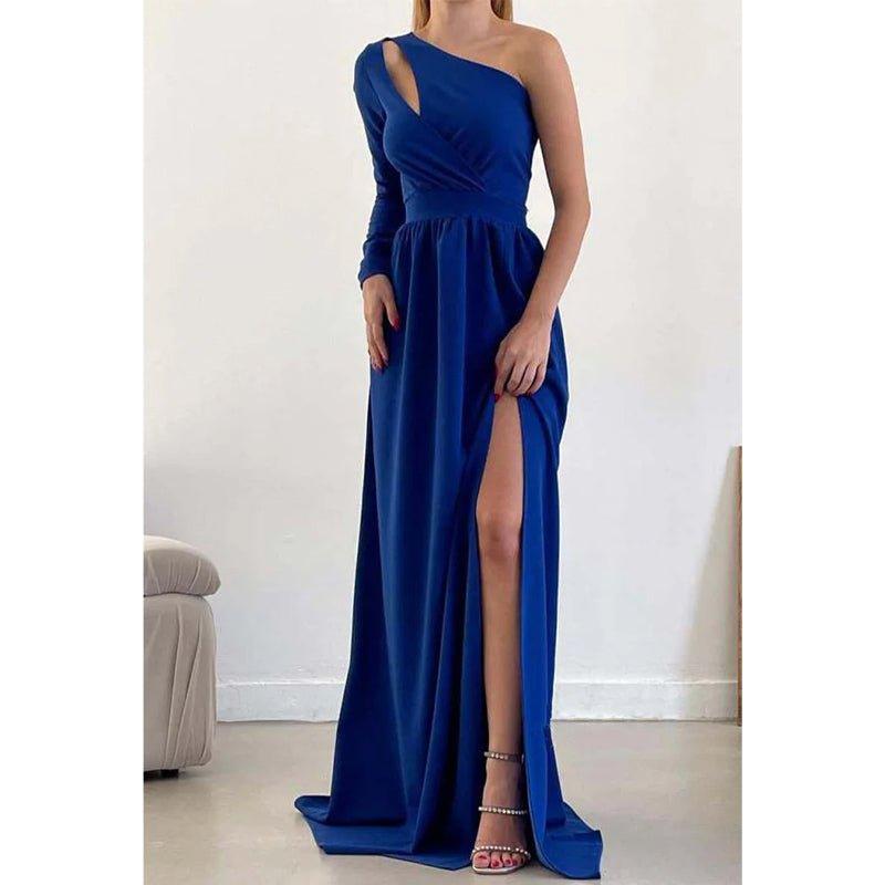 A-line One Shoulder Waist Long Sleeves Slit Prom Party Dress Open Back