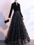 A-Line Party Dress Sparkle Elegant Prom Formal Evening Dress Queen Anne Long Sleeve Floor Length Sequined with Sash / Ribbon Sequin