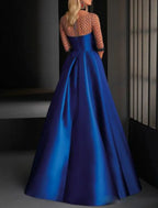 A-Line Party Dress Vintage Engagement Formal Evening Dress Illusion Neck Half Sleeve Floor Length Satin with Crystals