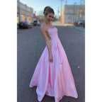 A-line Pink Satin Spaghetti Straps Scoop Long Prom Dress with Pockets