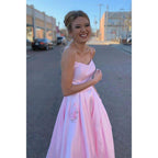 A-line Pink Satin Spaghetti Straps Scoop Long Prom Dress with Pockets