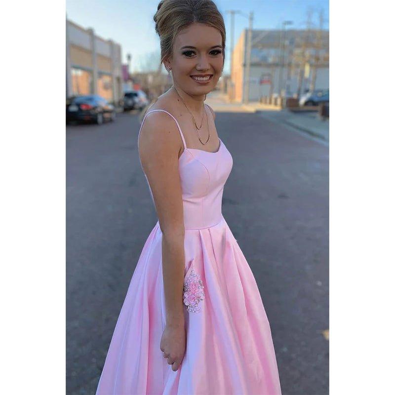 A-line Pink Satin Spaghetti Straps Scoop Long Prom Dress with Pockets