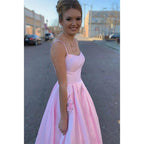 A-line Pink Satin Spaghetti Straps Scoop Long Prom Dress with Pockets