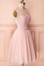 A-Line Tulle Straps Pleats Beading Homecoming Dress Short Prom Dress