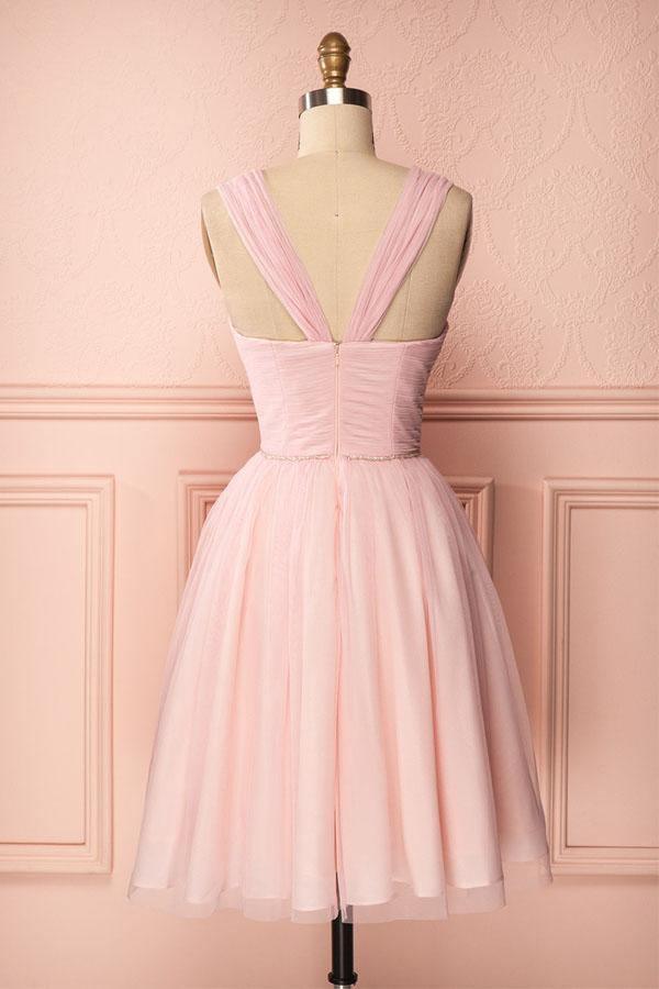 A-Line Tulle Straps Pleats Beading Homecoming Dress Short Prom Dress