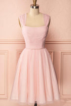 A-Line Tulle Straps Pleats Beading Homecoming Dress Short Prom Dress