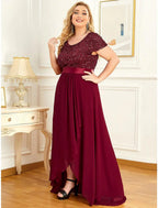 A-Line Plus Size Elegant Homecoming Formal Evening Dress Jewel Neck Short Sleeve Asymmetrical Chiffon with Sequin