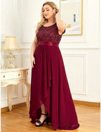 A-Line Plus Size Elegant Homecoming Formal Evening Dress Jewel Neck Short Sleeve Asymmetrical Chiffon with Sequin