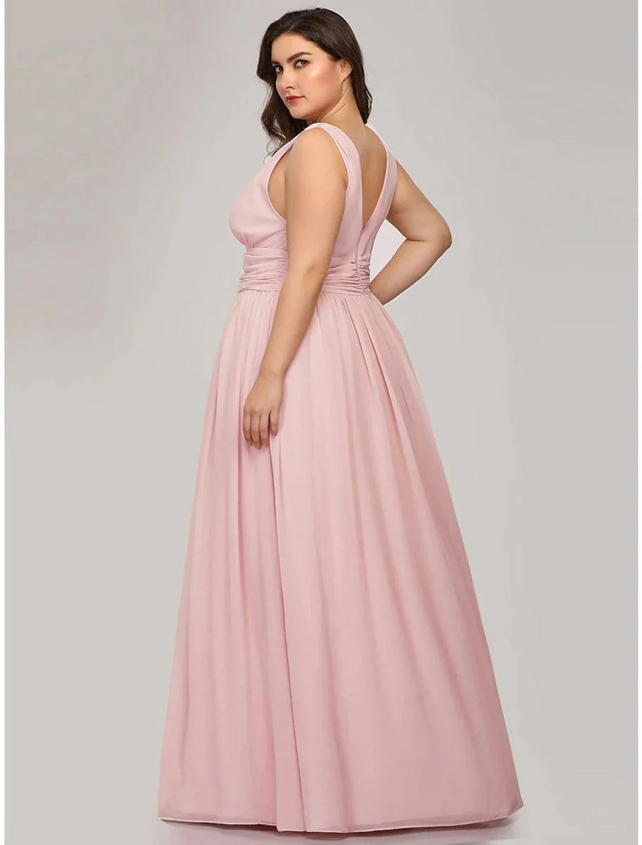 A-Line Plus Size Wedding Guest Formal Evening Dress V Neck V Back Sleeveless Floor Length Chiffon with Pleats