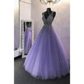A-line Purple Tulle Beaded Long Prom Dress Formal Evening Gowns