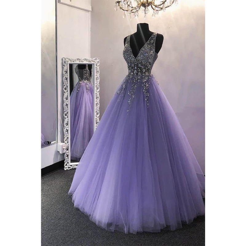 A-line Purple Tulle Beaded Long Prom Dress Formal Evening Gowns