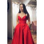 A-line Red Satin V-neck Sexy High Split Long Prom Dress with Pockets
