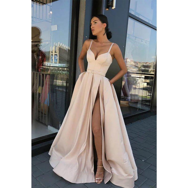A-line Red Satin V-neck Sexy High Split Long Prom Dress with Pockets