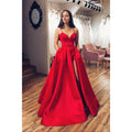 A-line Red Satin V-neck Sexy High Split Long Prom Dress with Pockets