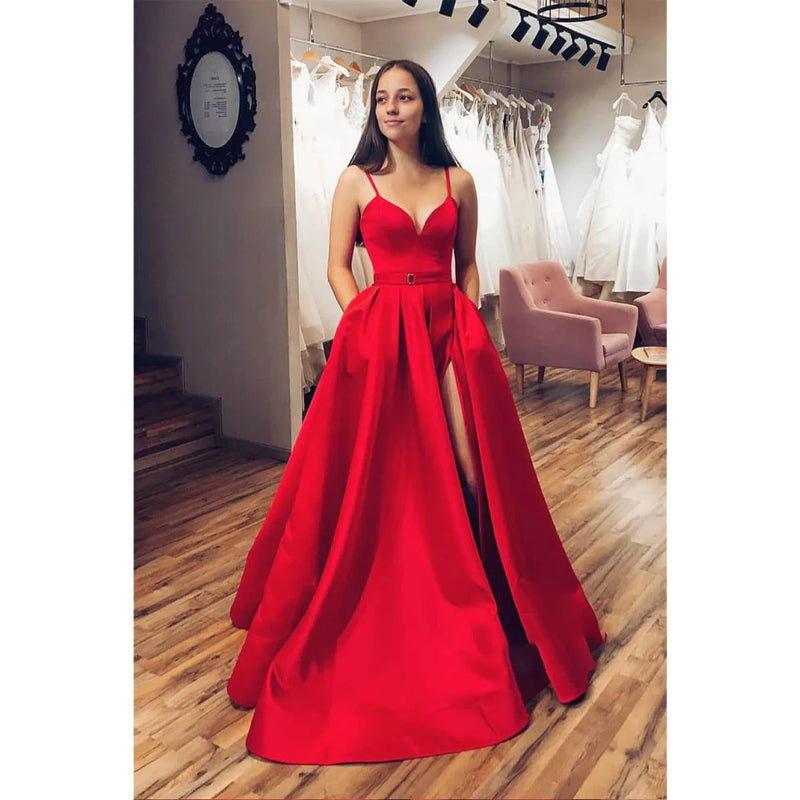A-line Red Satin V-neck Sexy High Split Long Prom Dress with Pockets