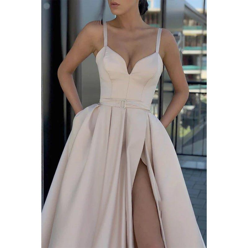 A-line Red Satin V-neck Sexy High Split Long Prom Dress with Pockets