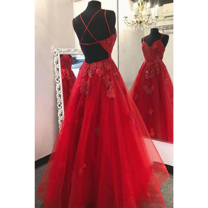 A-line Red Tulle Appliques Long Prom Dress Formal Evening Gowns