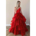 A-line Red Tulle Ruffles Spaghetti Straps Sparkle Prom Dress