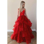 A-line Red Tulle Ruffles Spaghetti Straps Sparkle Prom Dress