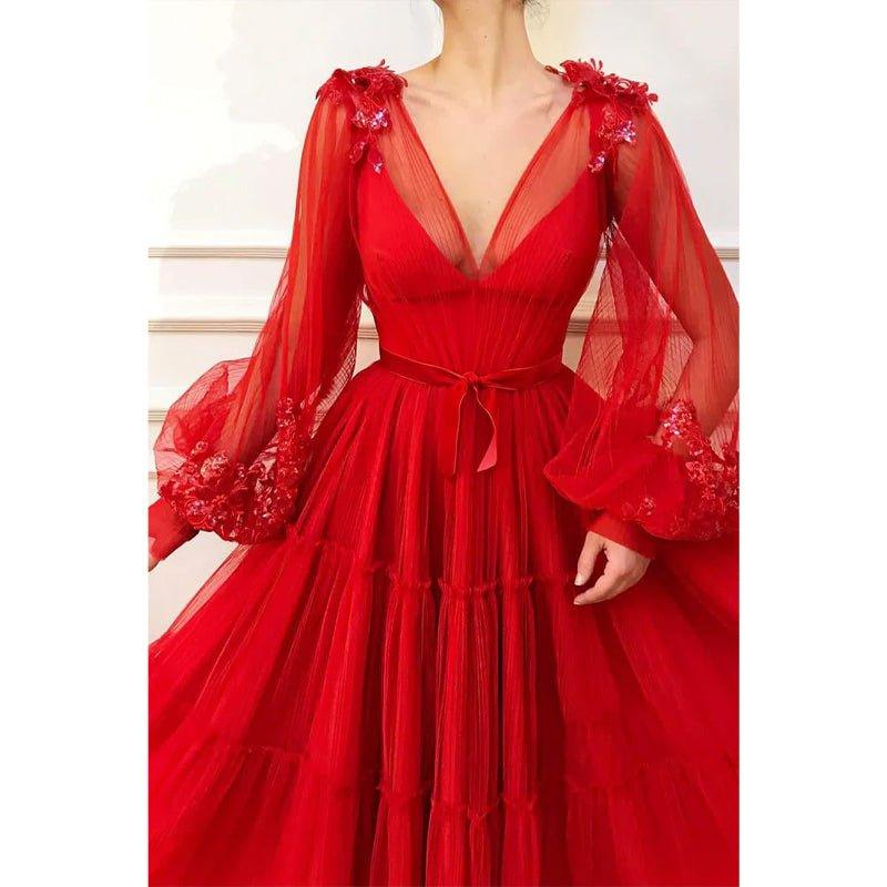 A-line Red Tulle V-neck Long Sleeves Long Formal Evening Dress