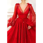 A-line Red Tulle V-neck Long Sleeves Long Formal Evening Dress