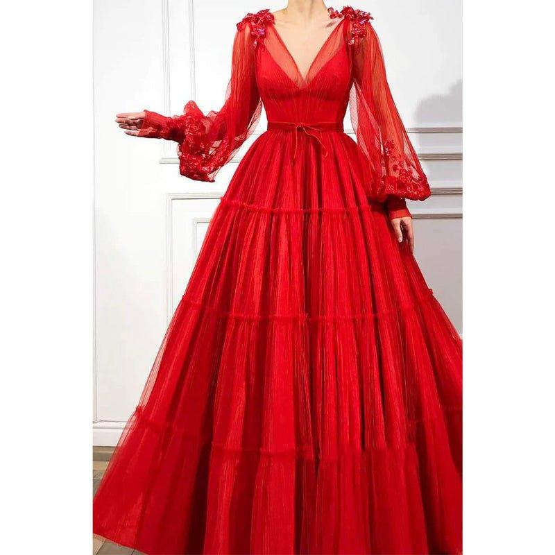 A-line Red Tulle V-neck Long Sleeves Long Formal Evening Dress