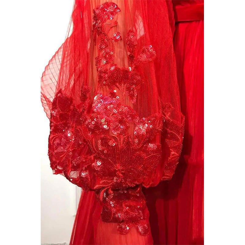 A-line Red Tulle V-neck Long Sleeves Long Formal Evening Dress