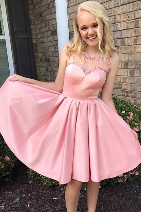 A-Line Round Neck Satin Homecoming/Party Dress with Beading