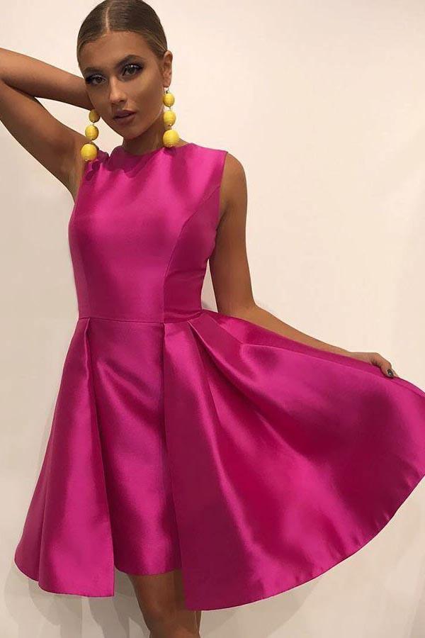 A-Line Round Neck Pleated Satin Homecoming Dress