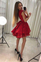 A-Line Round Neck Short Lace Homecoming Party Dress