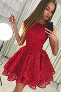 A-Line Round Neck Short Lace Homecoming Party Dress