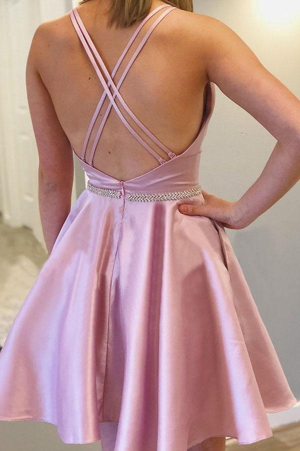 A-line Round Neck Sleeveless Straps Short Homecoming Dress with Beading