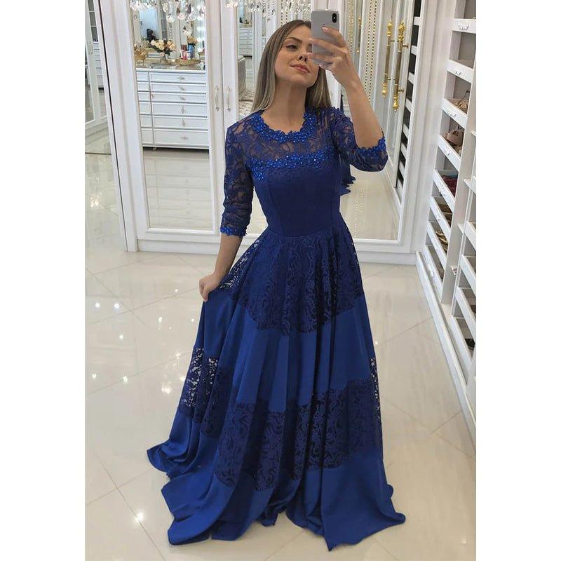 A-line Round Neckline Royal Blue 3/4 Sleeves Long Formal Evening Dress