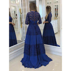 A-line Round Neckline Royal Blue 3/4 Sleeves Long Formal Evening Dress