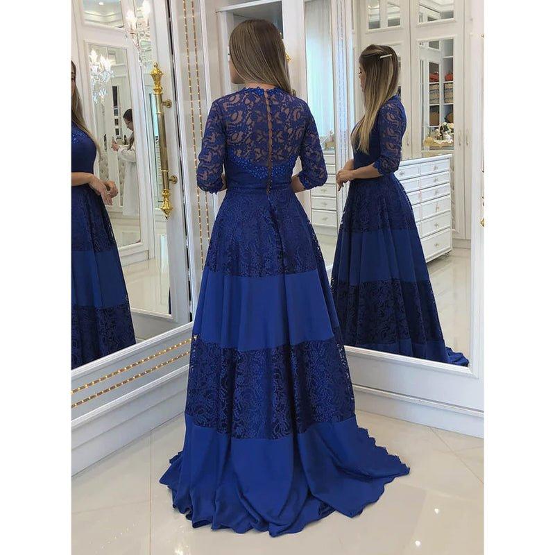 A-line Round Neckline Royal Blue 3/4 Sleeves Long Formal Evening Dress