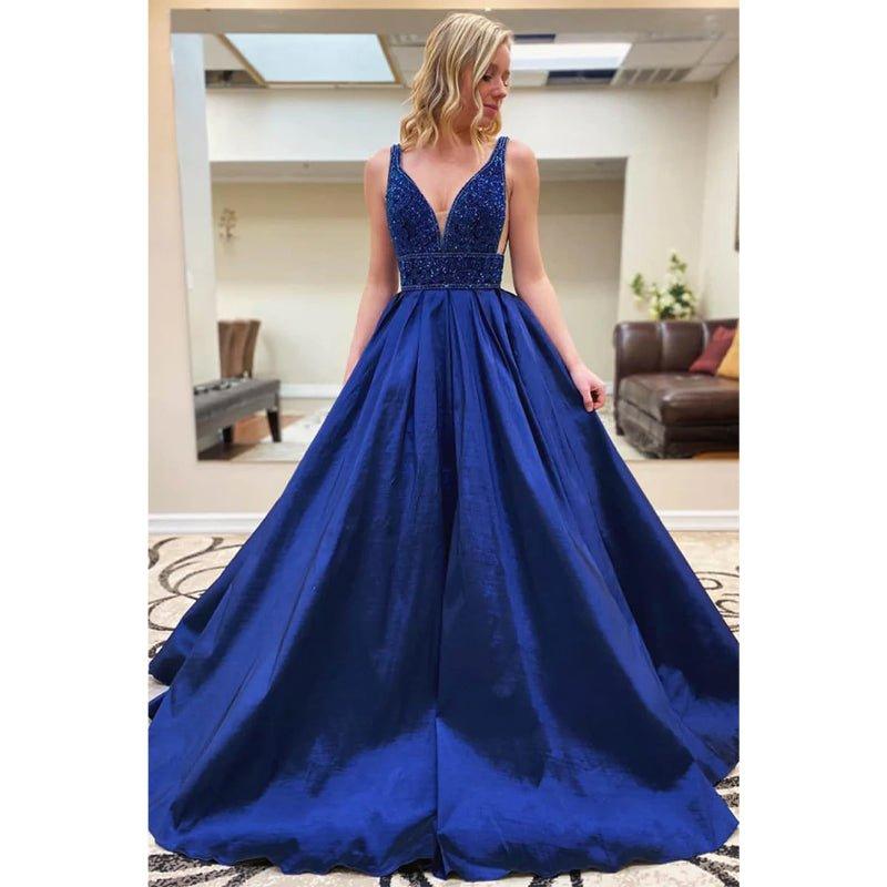 A-line Royal Blue Satin Beaded Long Prom Dress Pageant Dress