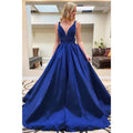 A-line Royal Blue Satin Beaded Long Prom Dress Pageant Dress