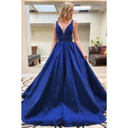 A-line Royal Blue Satin Beaded Long Prom Dress Pageant Dress