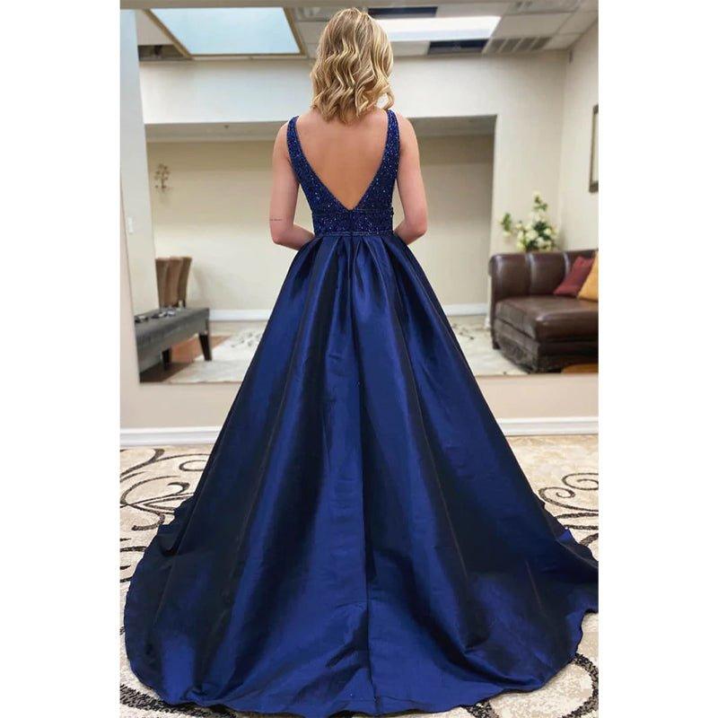 A-line Royal Blue Satin Beaded Long Prom Dress Pageant Dress