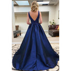 A-line Royal Blue Satin Beaded Long Prom Dress Pageant Dress