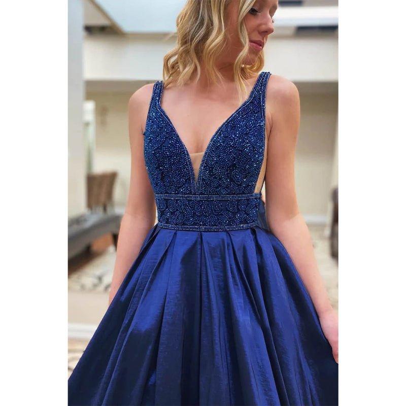 A-line Royal Blue Satin Beaded Long Prom Dress Pageant Dress