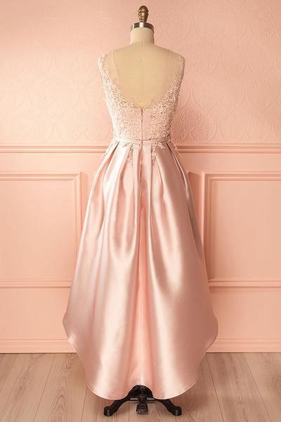 A-Line Scoop High Low Satin Homecoming Dress With Appliques
