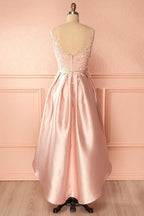 A-Line Scoop High Low Satin Homecoming Dress With Appliques