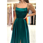 A Line Scoop High Split Simple Long Prom Dress with Pockets