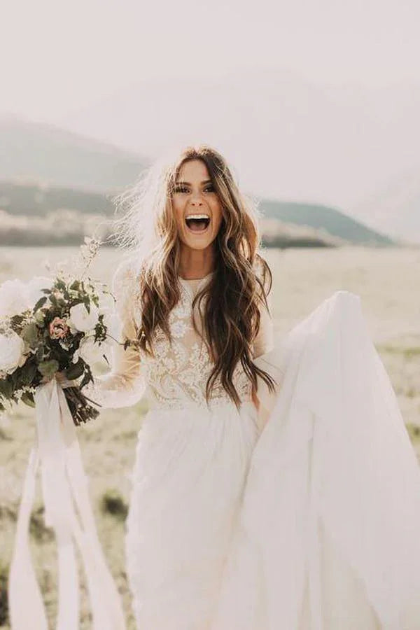 A-line Scoop Lace Wedding Dress Long Sleeve Rustic Wedding Dresses