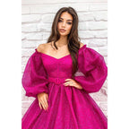 A-line Scoop Long Sleeves Fuchsia Sparkly Prom Dress with Pockets