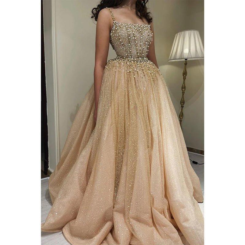 A-line Scoop Luxury Beads Long Formal Evening Dress with Detachable Skirt