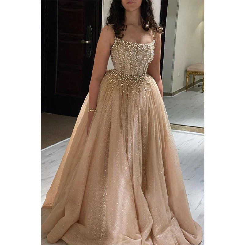 A-line Scoop Luxury Beads Long Formal Evening Dress with Detachable Skirt