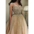 A-line Scoop Luxury Beads Long Formal Evening Dress with Detachable Skirt